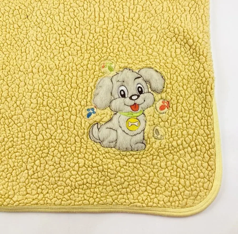 Vintage Yellow Baby Blanket Dog Sherpa Lovey Bones Tan Blonde Green Collar Tongu